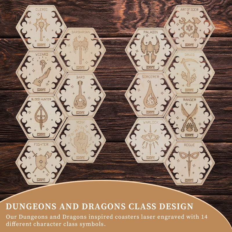 CZYY D&D Class Coasters Set of 14 with Holder Hexagon Gaming Mug Mats Wooden Laser Engraved DND Classes Icons Gift for Dungeons and Dragons Fans, Game Master - Image 2